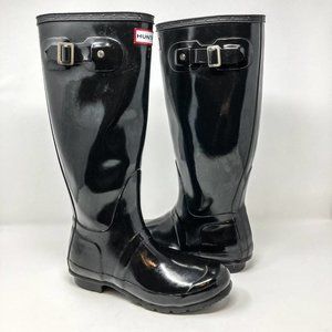Hunter Original Tall Gloss Waterproof Rain Black Boots - Size 6